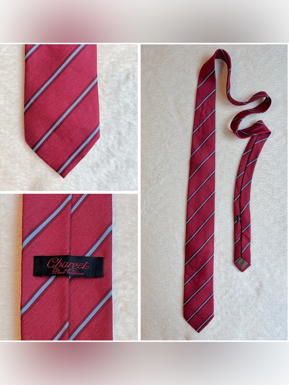 RARE Charvet Men's Red Blue Striped Silk-Linen Blend  Textured Woven Classic Tie